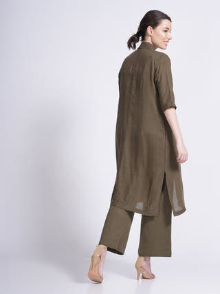 Linen Solid Long Shirt with Wide Leg Pant Co-ord Set - Linen coord set for women in Olive color