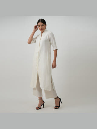 Linen Solid Long Shirt with Wide Leg Pant Co-ord Set - Linen coord set for women in Cream color