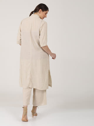 Linen Solid Long Shirt with Wide Leg Pant Co-ord Set - Linen coord set for women in Beige color