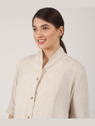 Linen Solid Long Shirt with Wide Leg Pant Co-ord Set - Linen coord set for women in Beige color