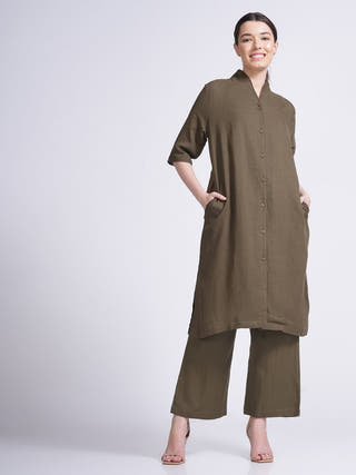 Linen Solid Long Shirt with Wide Leg Pant Co-ord Set - Linen coord set for women in Olive color