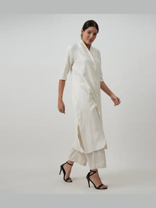 Linen Solid Long Shirt with Wide Leg Pant Co-ord Set - Linen coord set for women in Cream color