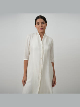 Linen Solid Long Shirt with Wide Leg Pant Co-ord Set - Linen coord set for women in Cream color