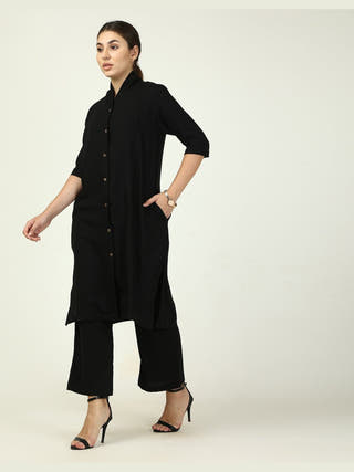 Linen Solid Long Shirt with Wide Leg Pant Co-ord Set - Linen coord set for women in Black color