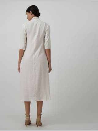 Linen Solid Long Shirt with Wide Leg Pant Co-ord Set - Linen coord set for women in Cream color
