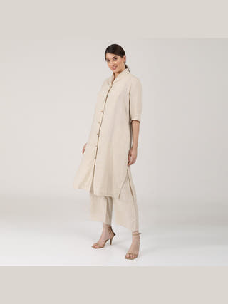 Linen Solid Long Shirt with Wide Leg Pant Co-ord Set - Linen coord set for women in Beige color