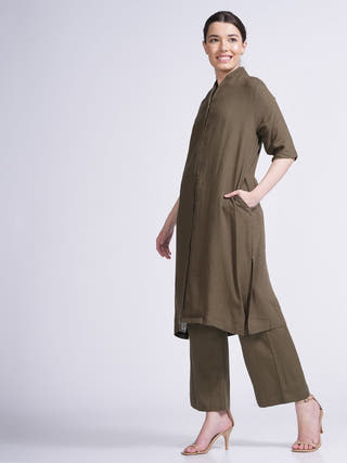 Linen Solid Long Shirt with Wide Leg Pant Co-ord Set - Linen coord set for women in Olive color