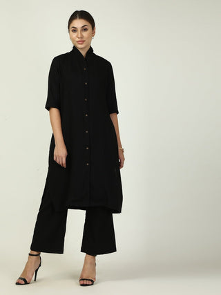 Linen Solid Long Shirt with Wide Leg Pant Co-ord Set - Linen coord set for women in Black color