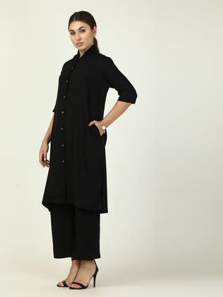 Linen Solid Long Shirt with Wide Leg Pant Co-ord Set - Linen coord set for women in Black color
