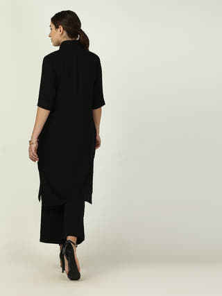 Linen Solid Long Shirt with Wide Leg Pant Co-ord Set - Linen coord set for women in Black color