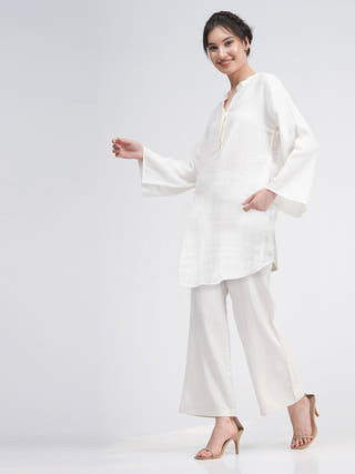 Linen Solid Mandarin Neck Top with Trousers Co-ord Set -  Linen & Tencel coord set for women in Cream color