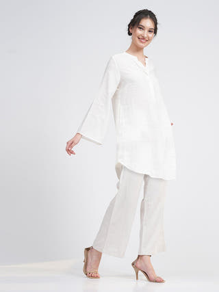 Linen Solid Mandarin Neck Top with Trousers Co-ord Set -  Linen & Tencel coord set for women in Cream color