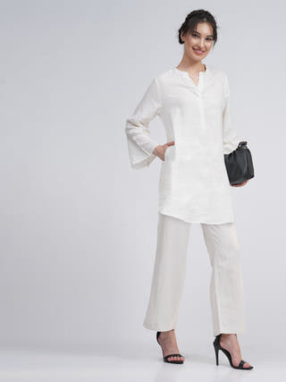 Linen Solid Mandarin Neck Top with Trousers Co-ord Set -  Linen & Tencel coord set for women in Cream color