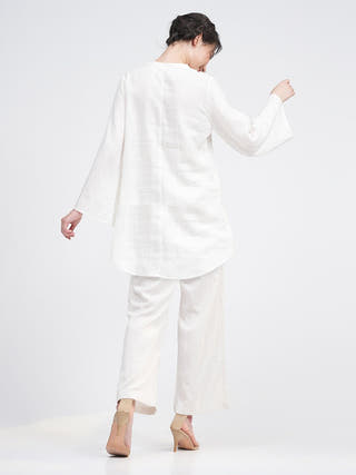 Linen Solid Mandarin Neck Top with Trousers Co-ord Set -  Linen & Tencel coord set for women in Cream color