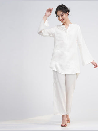 Linen Solid Mandarin Neck Top with Trousers Co-ord Set -  Linen & Tencel coord set for women in Cream color