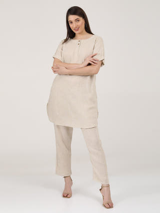 Linen Solid Poised Tunic with Tapered Leg Trousers Co-ord Set Saltpetre