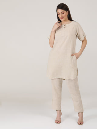 Linen Solid Poised Tunic with Tapered Leg Trousers Co-ord Set Saltpetre