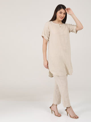 Linen Solid Poised Tunic with Tapered Leg Trousers Co-ord Set Saltpetre