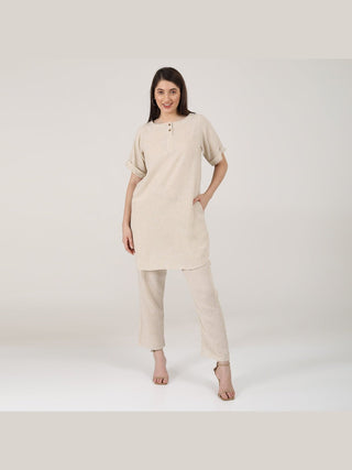 Linen Solid Poised Tunic with Tapered Leg Trousers Co-ord Set Saltpetre