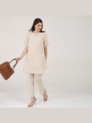 Linen Solid Poised Tunic with Tapered Leg Trousers Co-ord Set Saltpetre