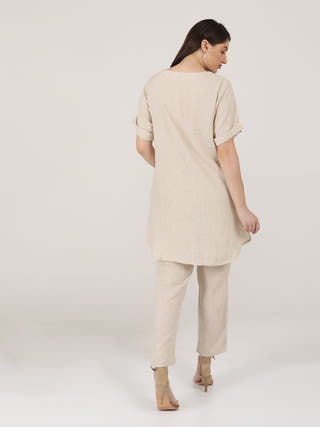 Linen Solid Poised Tunic with Tapered Leg Trousers Co-ord Set Saltpetre