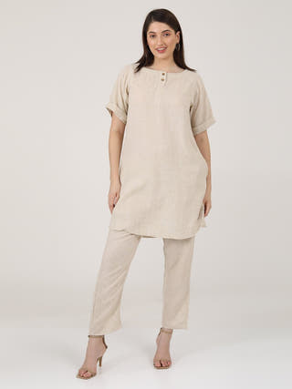Linen Solid Poised Tunic with Tapered Leg Trousers Co-ord Set Saltpetre