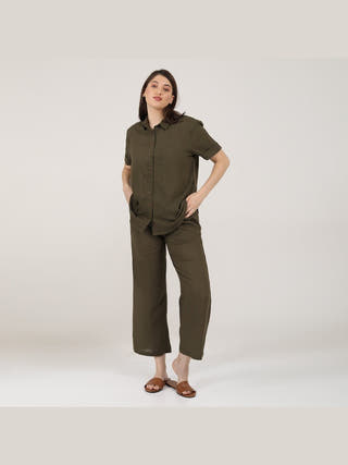 Linen Solid Short Sleeve Shirt with Wide Leg Pants Co-ord Set Saltpetre