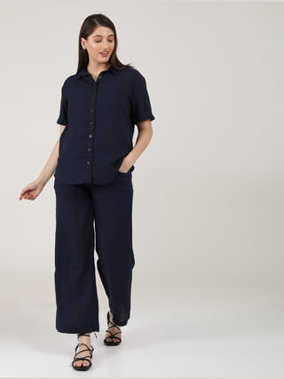 Linen Solid Short Sleeve Shirt with Wide Leg Pants Co-ord Set Saltpetre