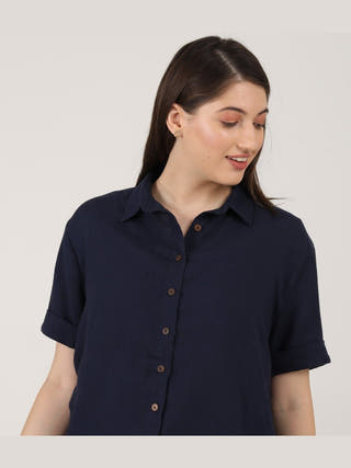 Linen Solid Short Sleeve Shirt with Wide Leg Pants Co-ord Set Saltpetre