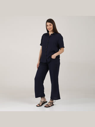 Linen Solid Short Sleeve Shirt with Wide Leg Pants Co-ord Set Saltpetre