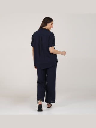 Linen Solid Short Sleeve Shirt with Wide Leg Pants Co-ord Set Saltpetre
