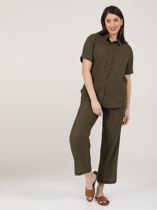 Linen Solid Short Sleeve Shirt with Wide Leg Pants Co-ord Set Saltpetre