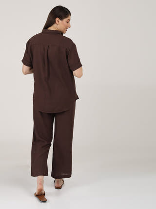 Linen Solid Short Sleeve Shirt with Wide Leg Pants Co-ord Set Saltpetre