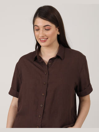 Linen Solid Short Sleeve Shirt with Wide Leg Pants Co-ord Set Saltpetre
