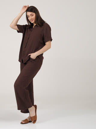 Linen Solid Short Sleeve Shirt with Wide Leg Pants Co-ord Set Saltpetre