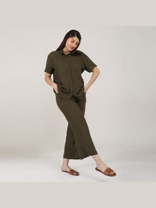 Linen Solid Short Sleeve Shirt with Wide Leg Pants Co-ord Set Saltpetre