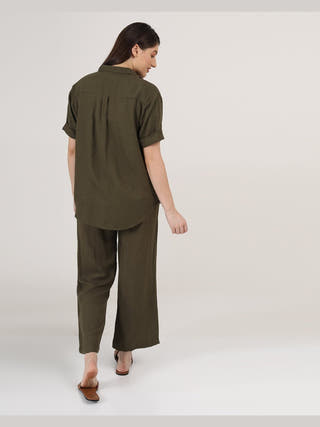 Linen Solid Short Sleeve Shirt with Wide Leg Pants Co-ord Set Saltpetre