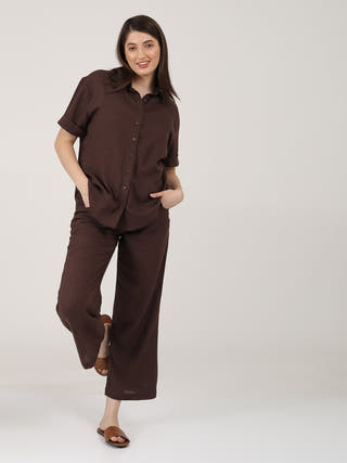 Linen Solid Short Sleeve Shirt with Wide Leg Pants Co-ord Set Saltpetre
