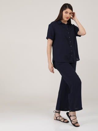 Linen Solid Short Sleeve Shirt with Wide Leg Pants Co-ord Set Saltpetre