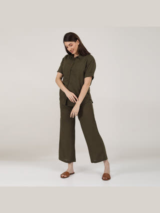 Linen Solid Short Sleeve Shirt with Wide Leg Pants Co-ord Set Saltpetre