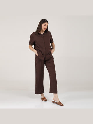 Linen Solid Short Sleeve Shirt with Wide Leg Pants Co-ord Set Saltpetre