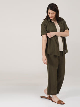 Linen Solid Slip Top With Shirt And Wide Leg Pants 3-Piece Co-Ord Set - Linen  coord set for women in Navy & Autumn Rust color