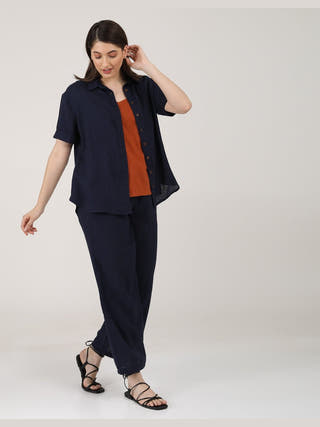 Linen Solid Slip Top With Shirt And Wide Leg Pants 3-Piece Co-Ord Set - Linen  coord set for women in Navy & Autumn Rust color