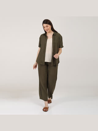 Linen Solid Slip Top With Shirt And Wide Leg Pants 3-Piece Co-Ord Set - Linen  coord set for women in Navy & Autumn Rust color