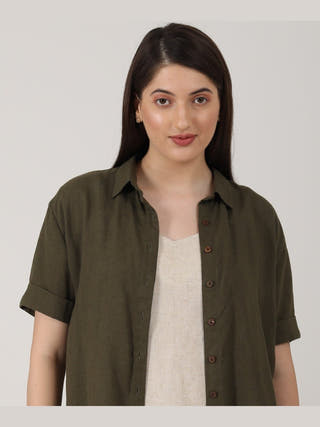Linen Solid Slip Top With Shirt And Wide Leg Pants 3-Piece Co-Ord Set - Linen  coord set for women in Navy & Autumn Rust color