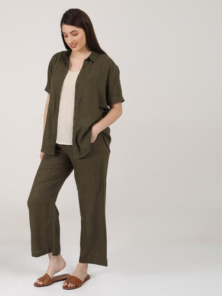 Linen Solid Slip Top With Shirt And Wide Leg Pants 3-Piece Co-Ord Set - Linen  coord set for women in Navy & Autumn Rust color
