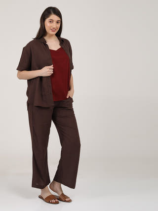 Linen Solid Slip Top With Shirt And Wide Leg Pants 3-Piece Co-Ord Set - Linen  coord set for women in Navy & Autumn Rust color