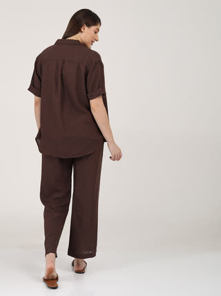 Linen Solid Slip Top With Shirt And Wide Leg Pants 3-Piece Co-Ord Set - Linen  coord set for women in Navy & Autumn Rust color