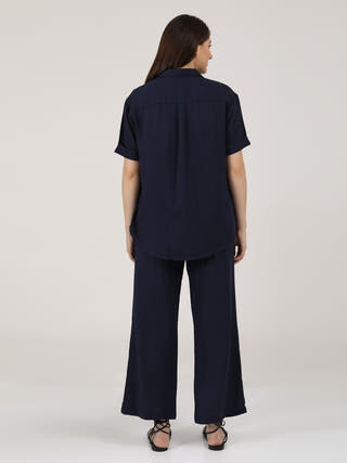 Linen Solid Slip Top With Shirt And Wide Leg Pants 3-Piece Co-Ord Set - Linen  coord set for women in Navy & Autumn Rust color