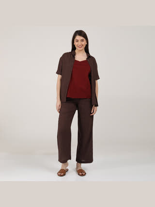 Linen Solid Slip Top With Shirt And Wide Leg Pants 3-Piece Co-Ord Set - Linen  coord set for women in Navy & Autumn Rust color